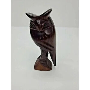 Vintage Hand Carved Dark Harwood Horned Owl Figurine MCM 5 Inch Shelf Sitter
